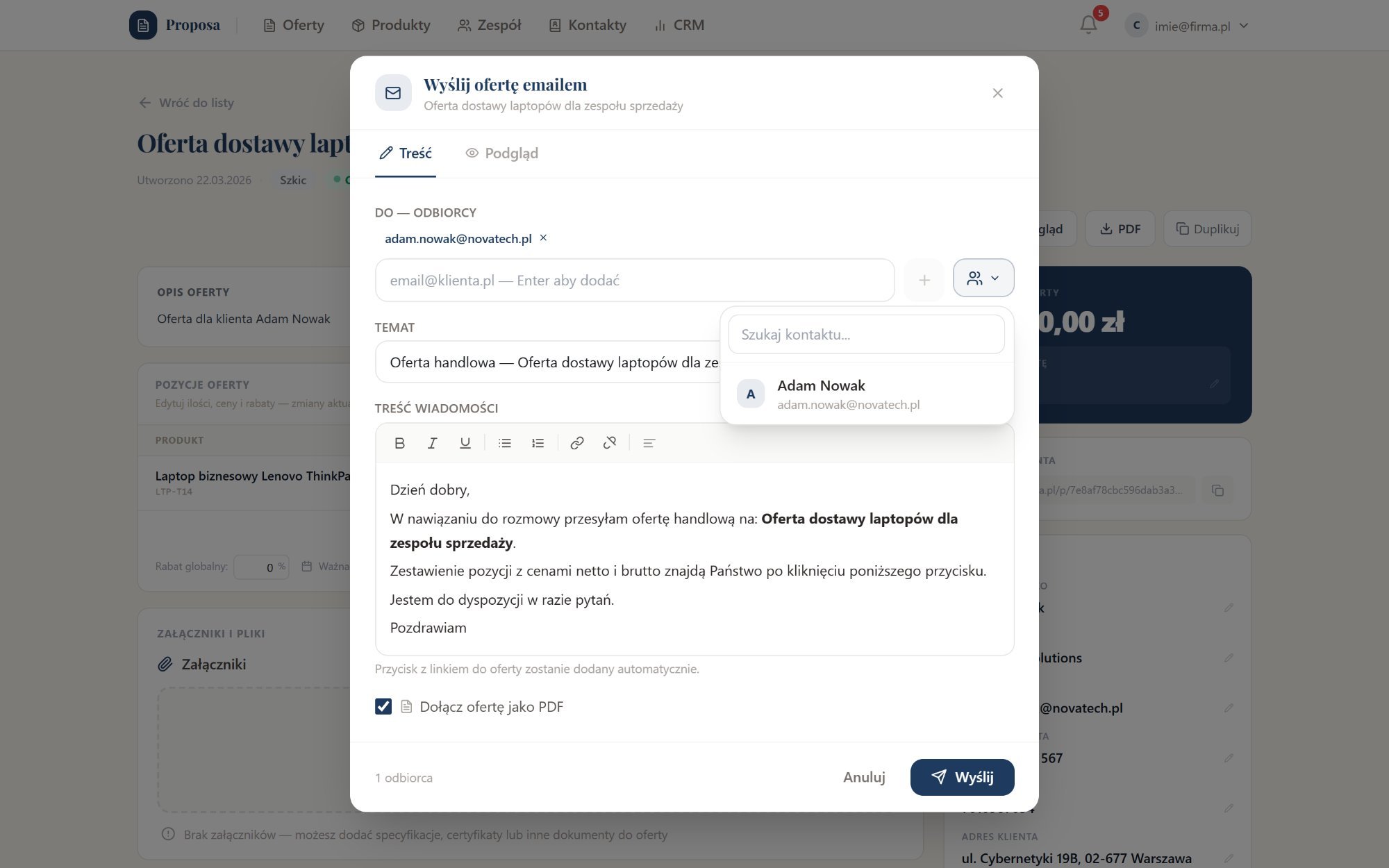 Proposa — compose emaila z ofertą